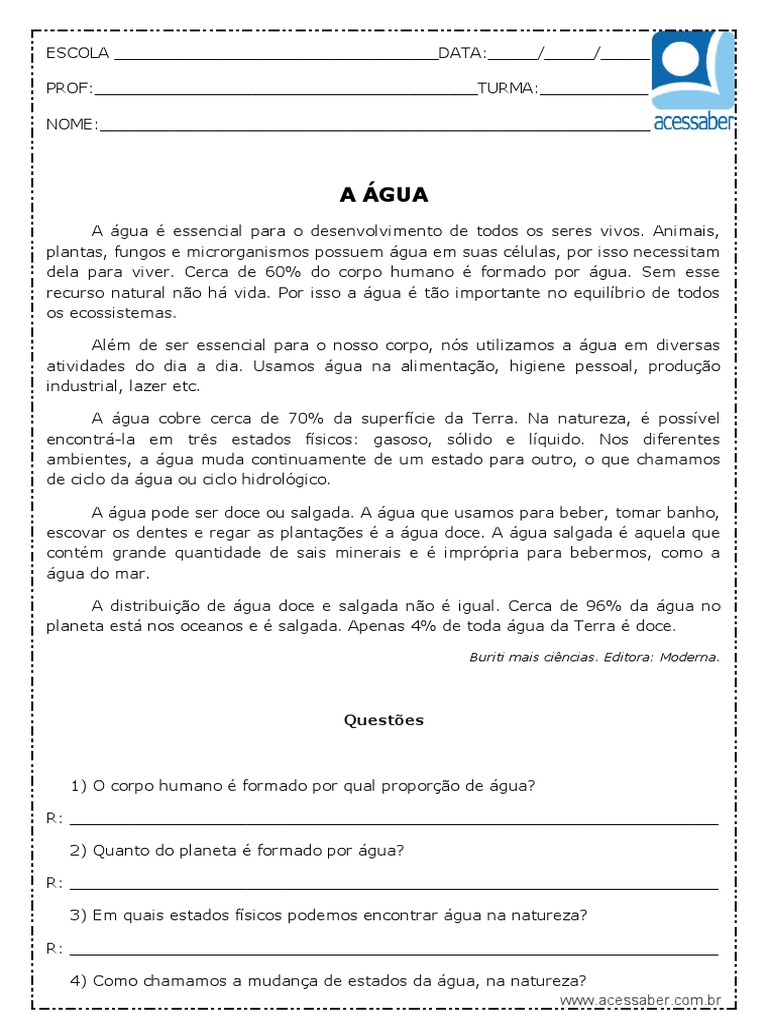 Atividade de Ciencias A Agua 4 Ano e 5 Ano | PDF | Água | Água do mar