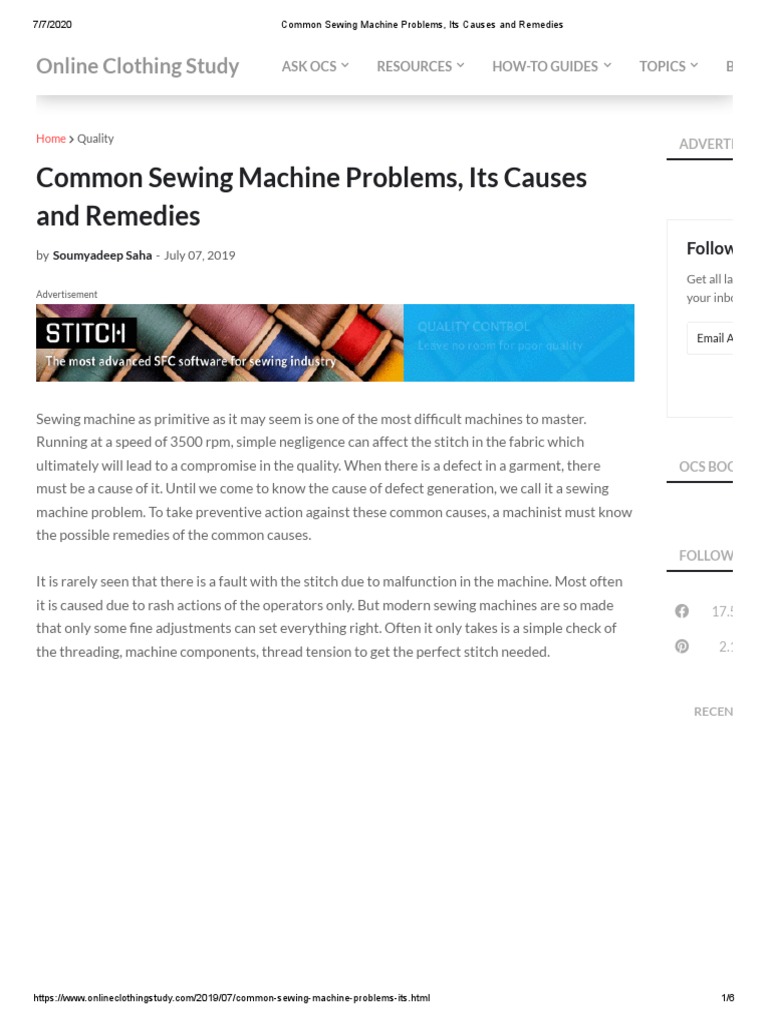 Common Sewing Machine Problems, Its Causes and Remedies PDF Sewing