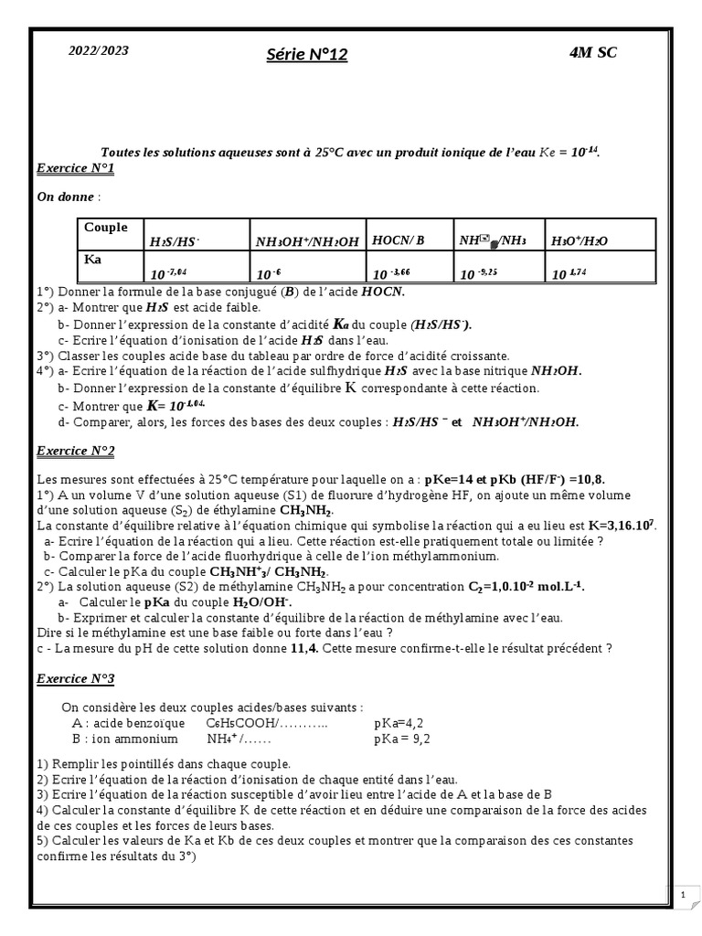Exercices de Chimie sur Acides et Bases | PDF | Ph | Acide
