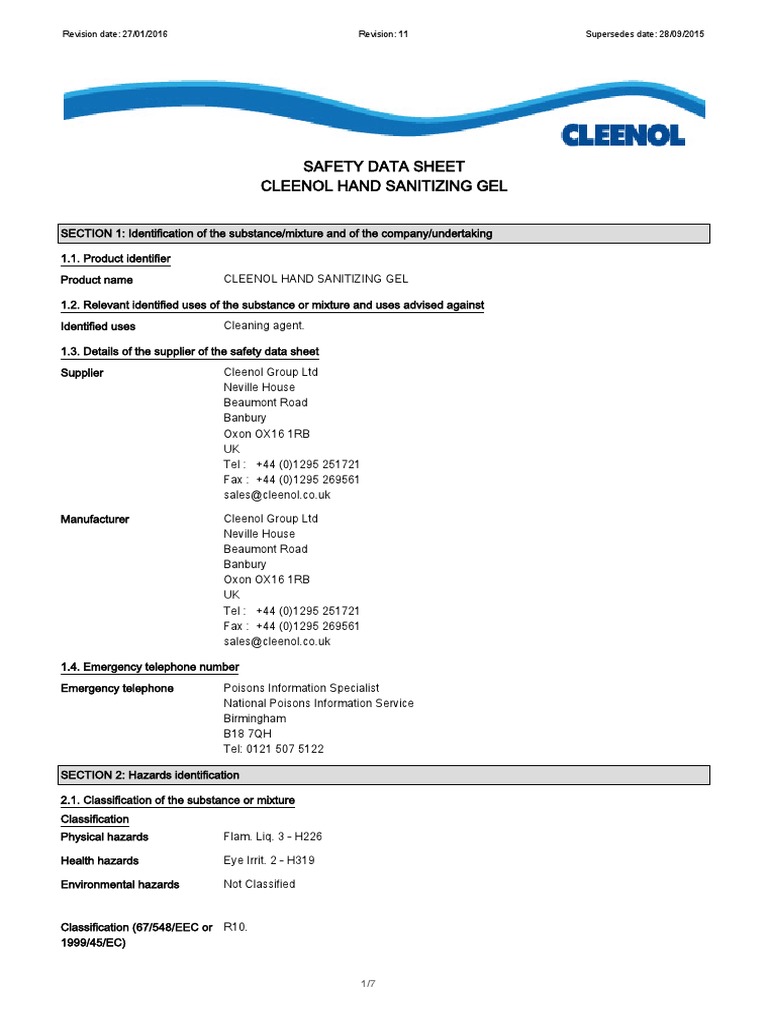 Cleenol Hand Sanitizer PDF Occupational Safety And Health Chemistry