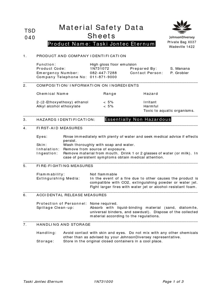 Taski Jontec Eternum MSDS Overview | PDF | Hazards | Waste