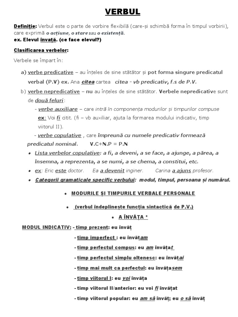 VERBUL - Definitie, Clasificare, Categorii Gramaticale, Modurile Si ...