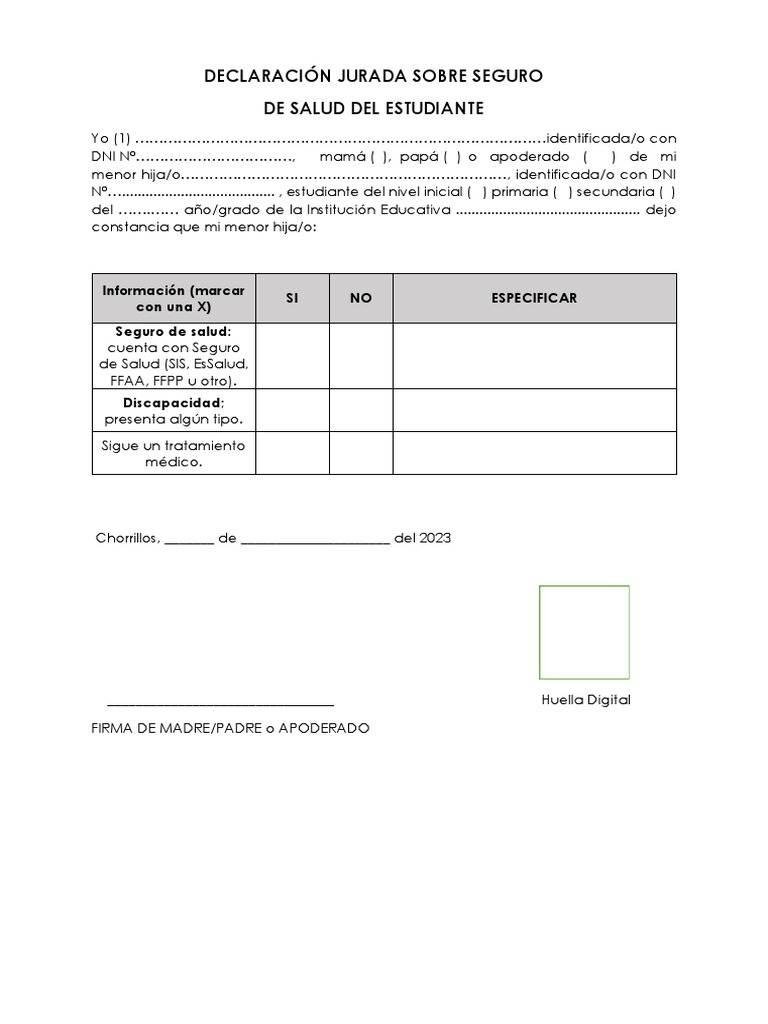 Declaracion Jurada Sobre Seguro de Salud Del Estudiante | PDF