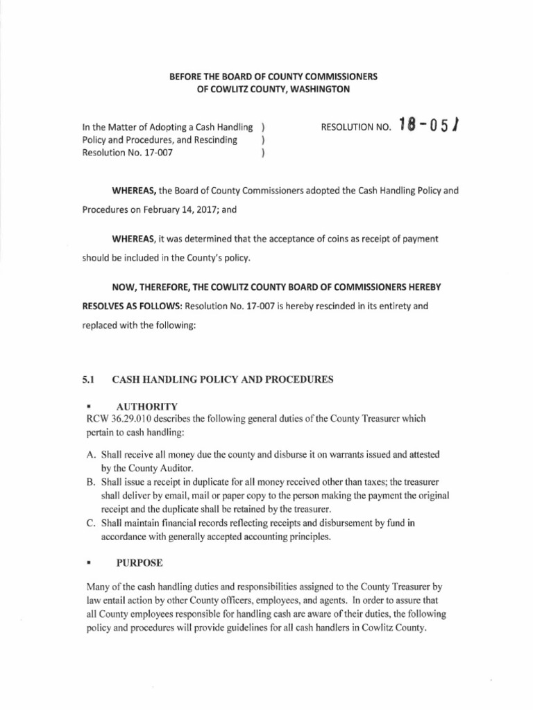 18051 Rescinding Resolution No 17007 and Adopting A Cash Handling