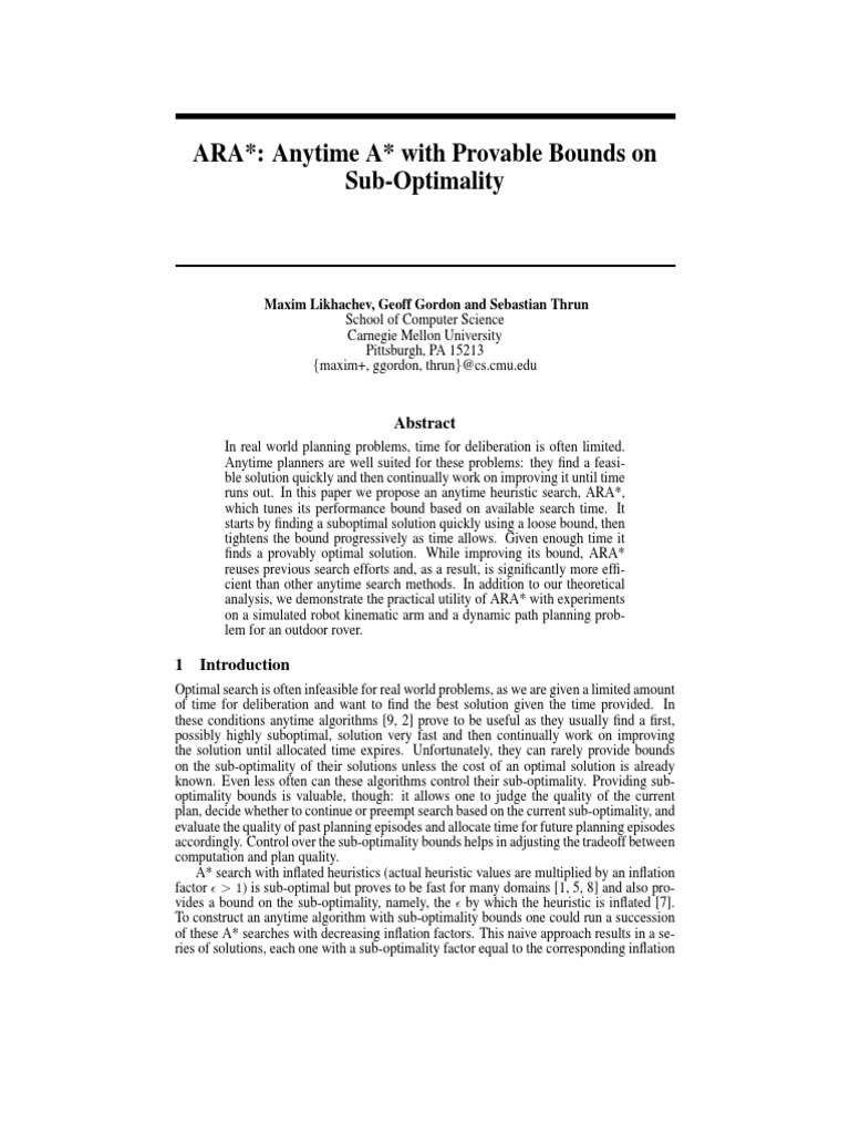 NIPS 2003 Ara Anytime A With Provable Bounds On Sub Optimality Paper PDF
