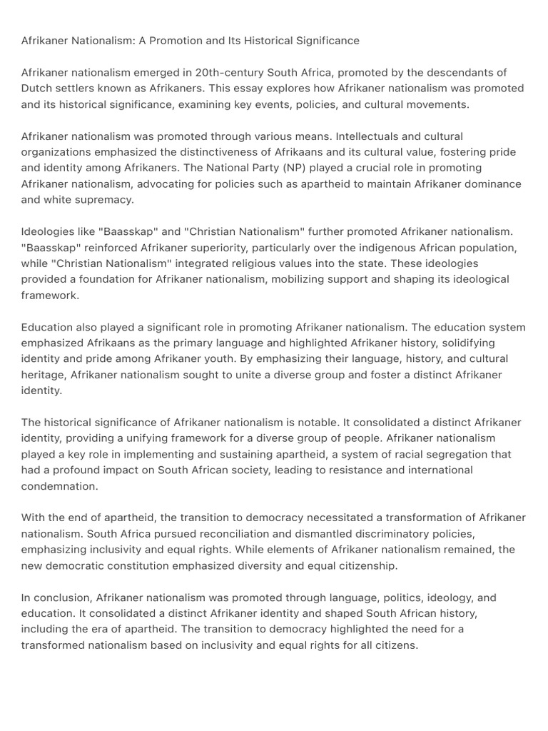 Afrikaner Nationalism A Promotion and Its Historical Significance