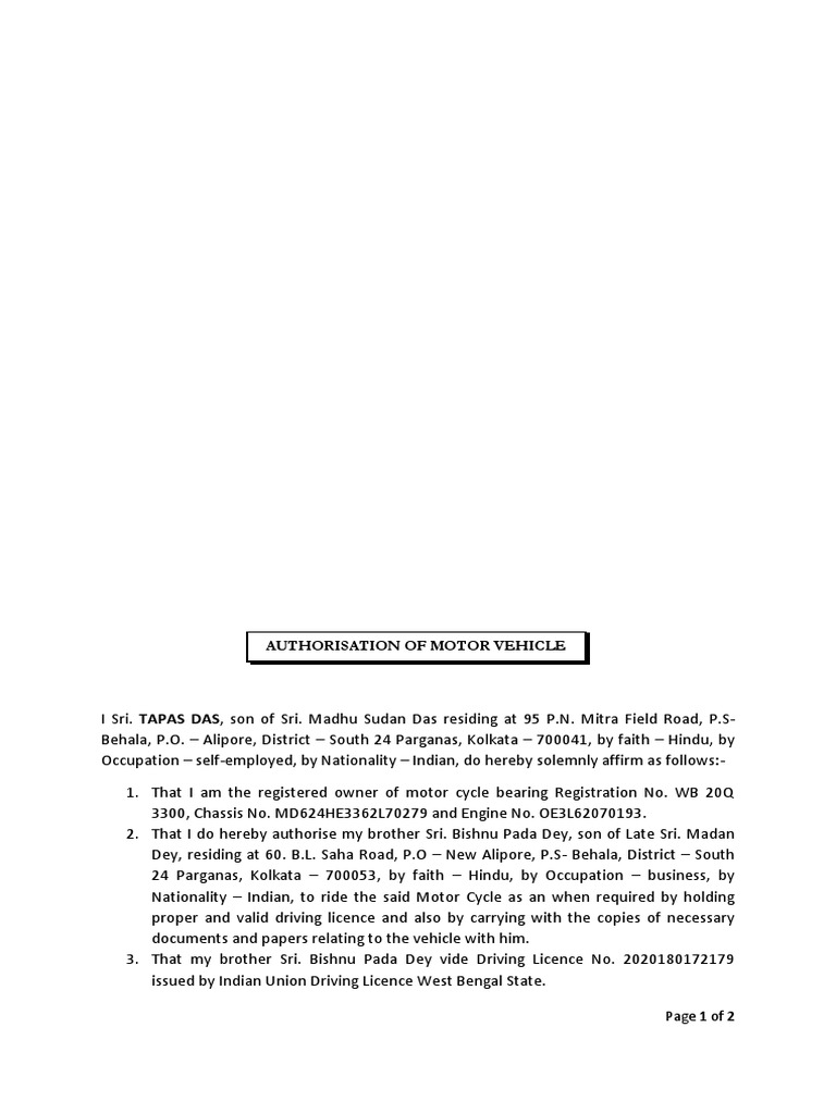Authorisation of Motor Vehicle | PDF