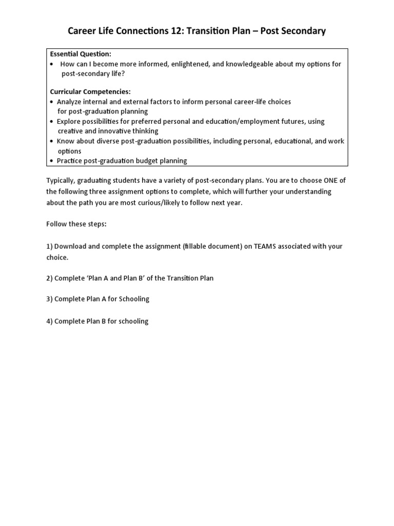 Transition Plan Post Secondary Plan A and Plan B PDF Academic