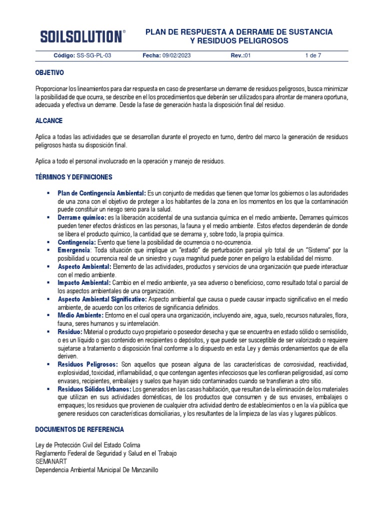 Plan de Respuesta a Derrames Peligrosos | PDF | Residuos | Contaminación