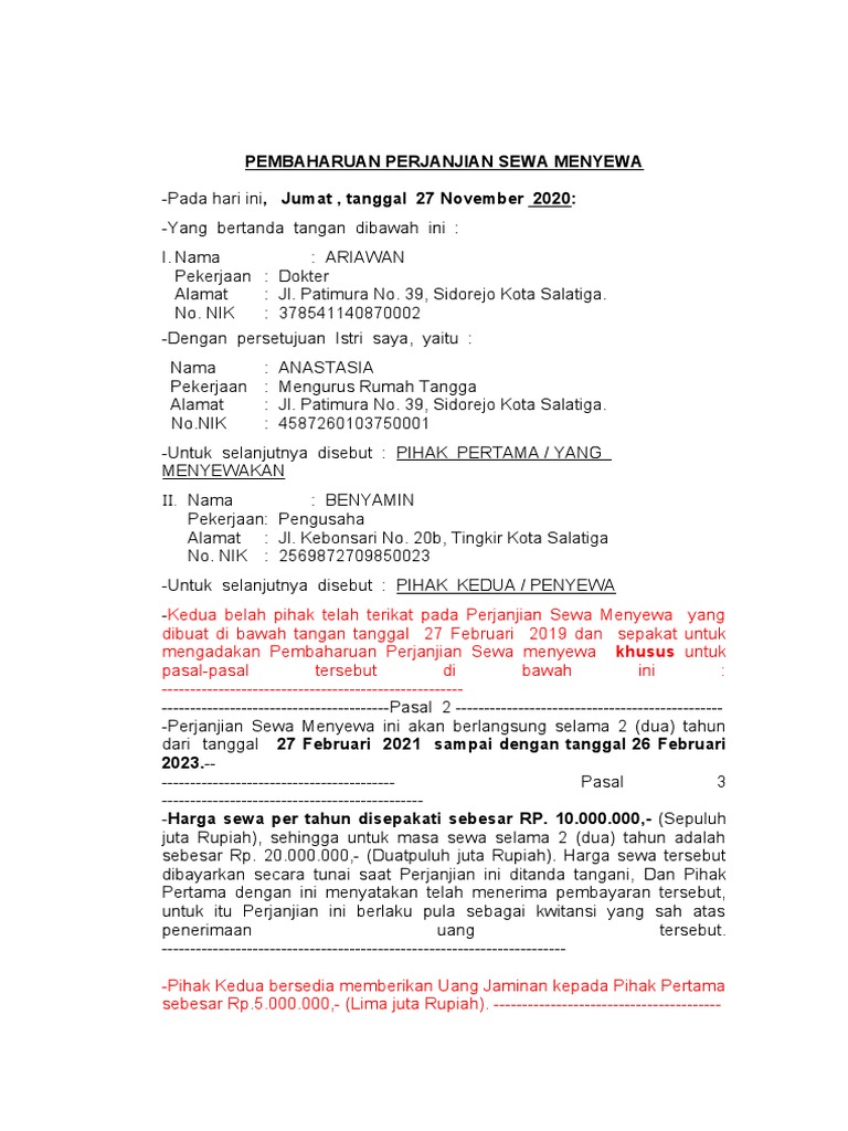Pembaharuan Perjanjian Sewa Rumah | PDF