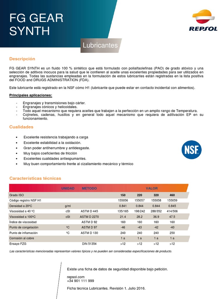 Repsol FG_GEAR_SYNTH 220 460 PDF Lubricante Engranaje