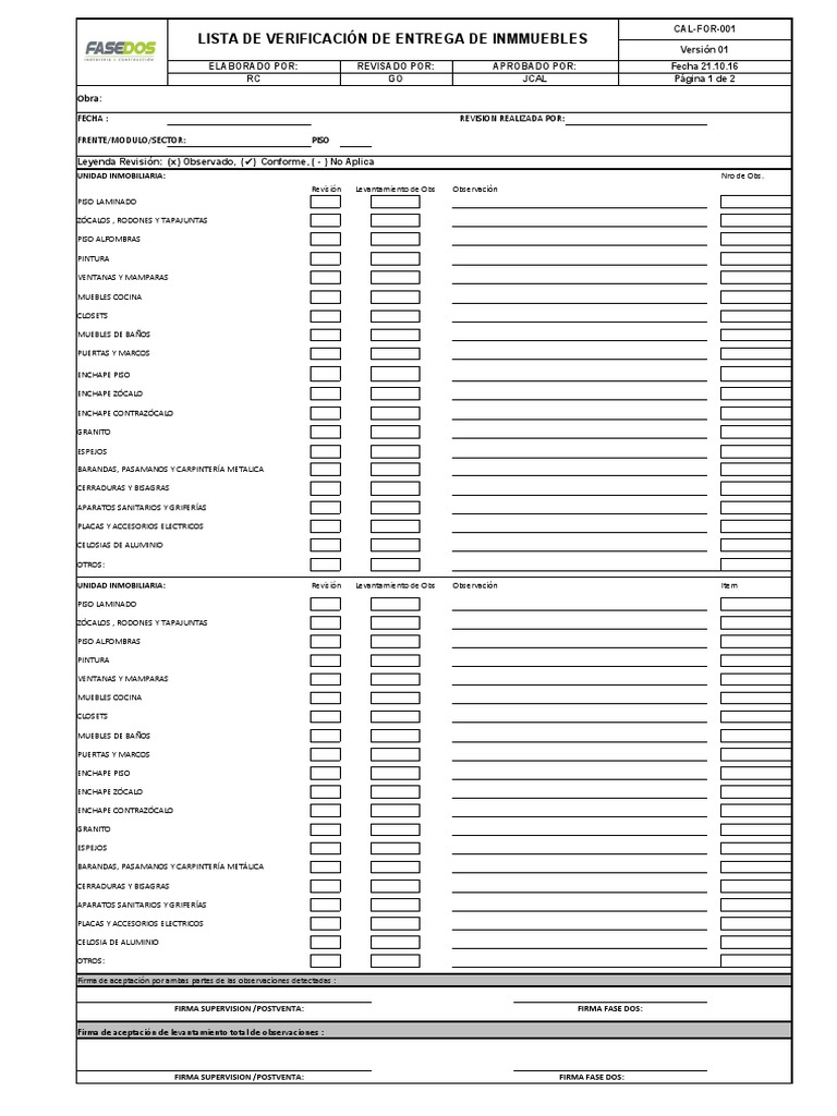 CAL-FOR-001 Lista de Verificación de Entrega de Inmuebles | PDF ...