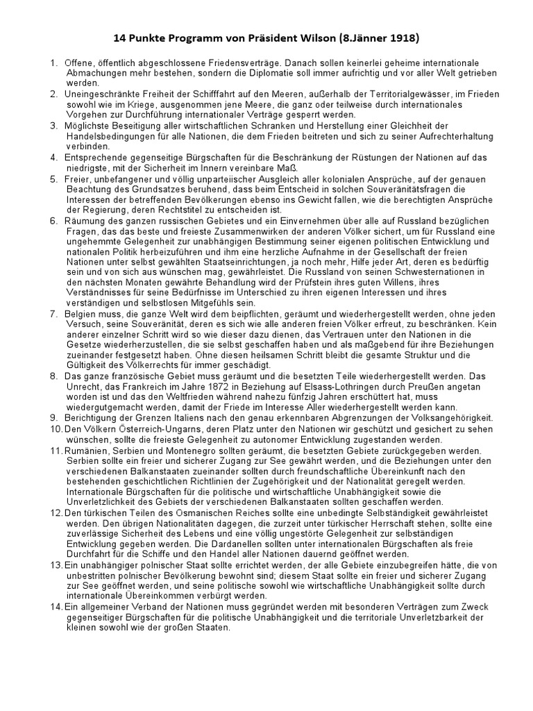 14 Punkte Programm von PrÃ¤sident Wilson | PDF
