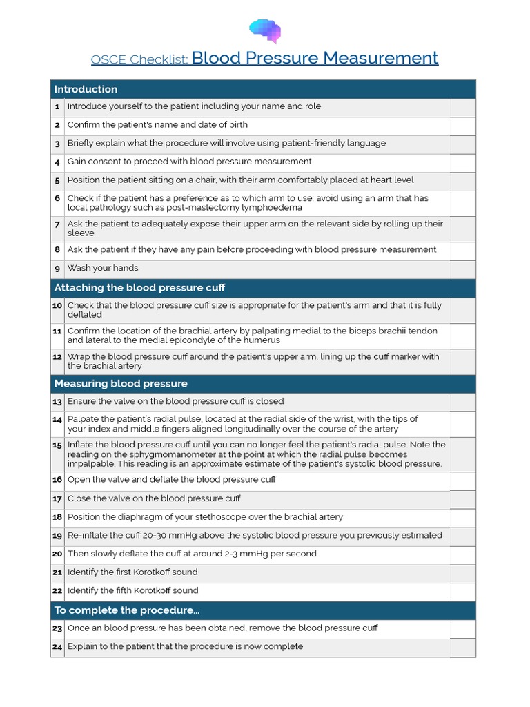 OSCE Checklist Blood Pressure Measurement PDF