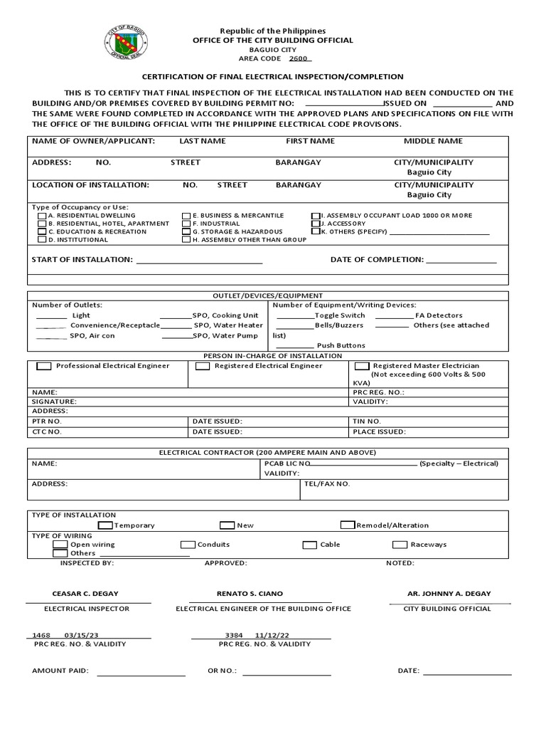 Certificate of Final Electrical Inspection PDF Electrical Wiring