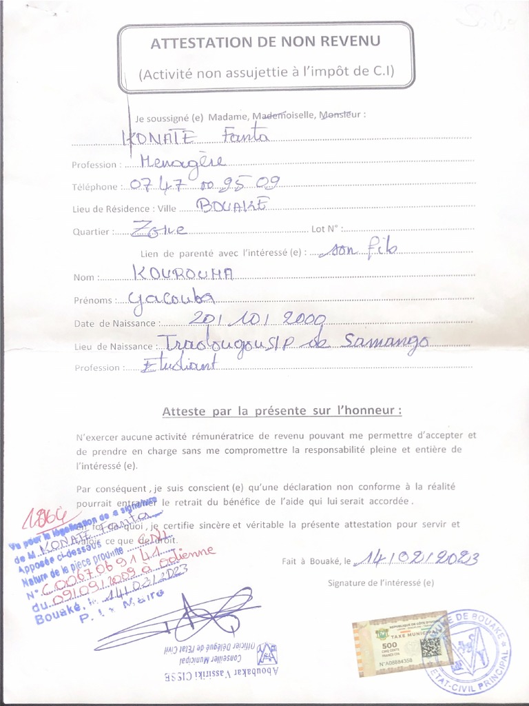 Attestation de Non Revenu PDF