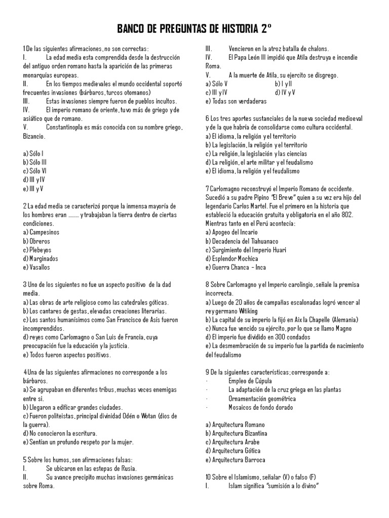 Banco de Preguntas de Historia 2 | PDF | imperio Bizantino | Edades medias