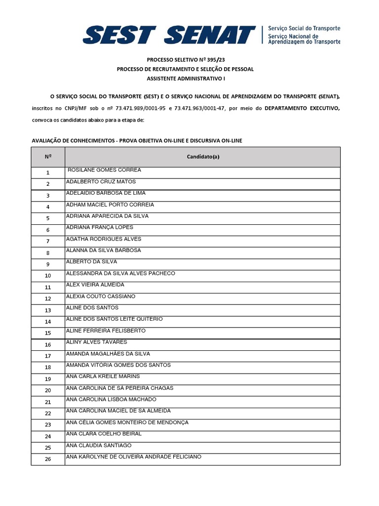 Candidatos Prova SEST/SENAT 2023 | PDF