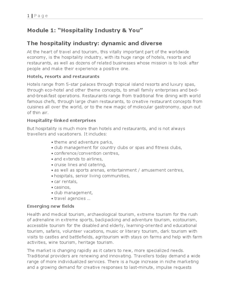 Module 1 Hospitality Industry You Pdf Resort Tourism