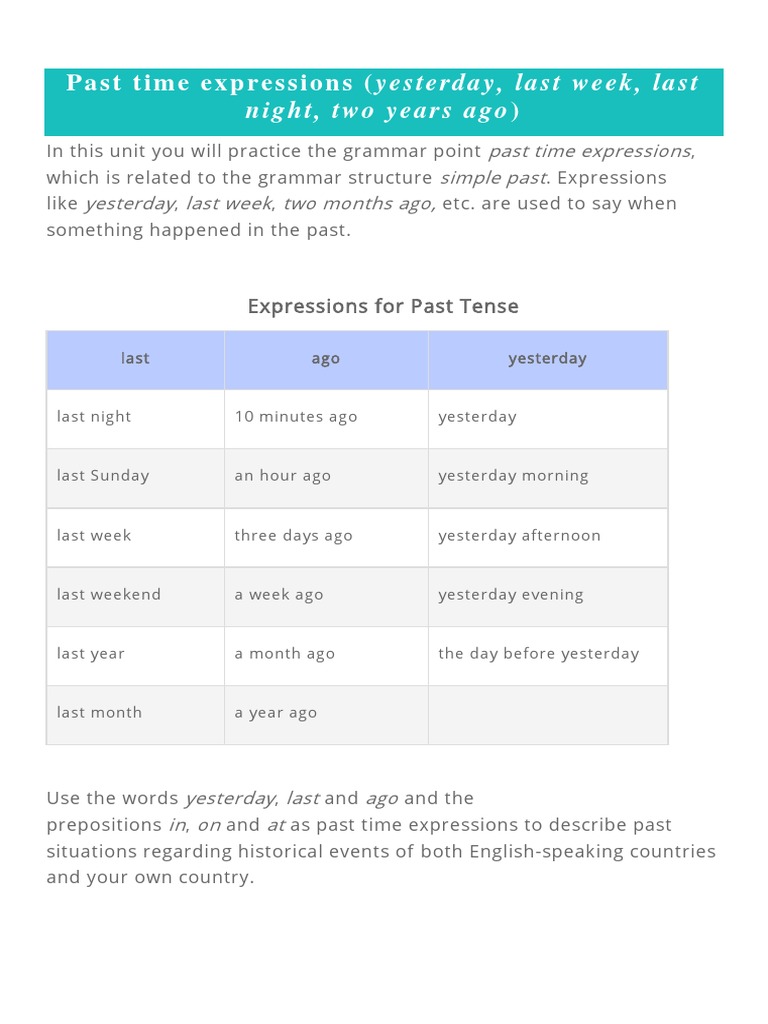 Past Time Expressions Guide | PDF