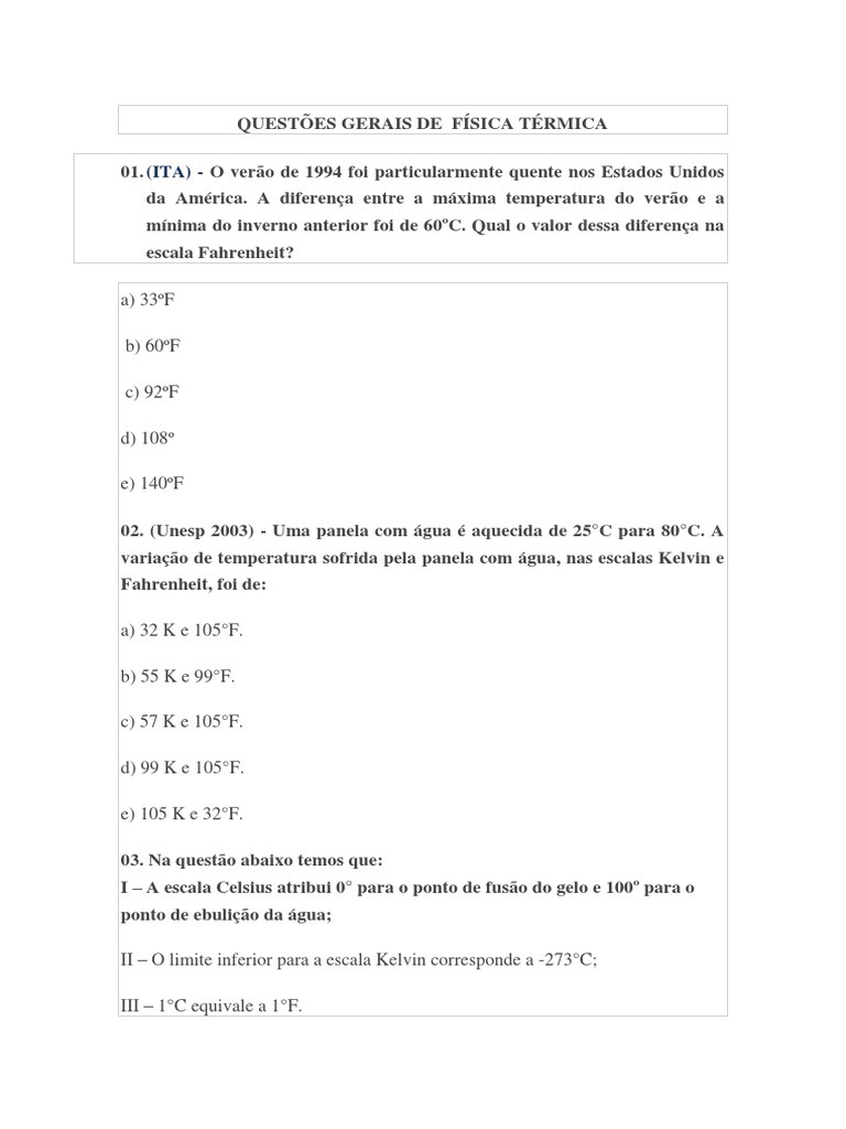 Exercicios de Física Térmica | PDF | Temperatura | Calor