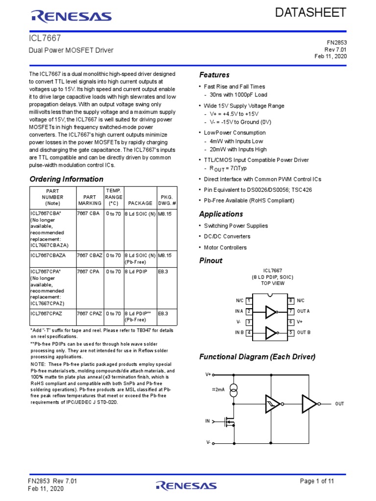 ICL7667 Dual Power MOSFET Driver Datasheet | PDF | Mosfet | Capacitor