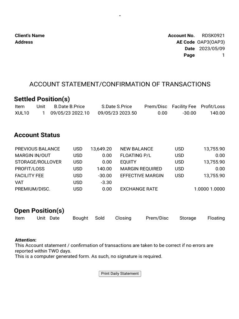 Account Statement/Confirmation of Transactions Settled Position(s) PDF