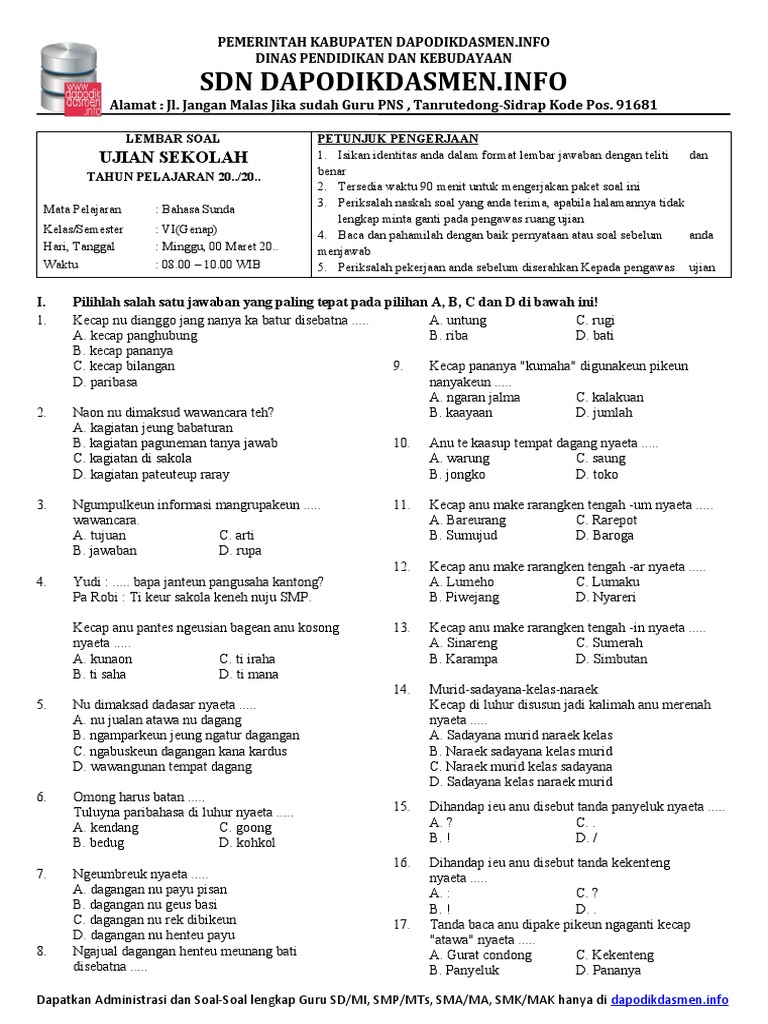 Soal Us Kelas 6 Bhs Sunda Pdf