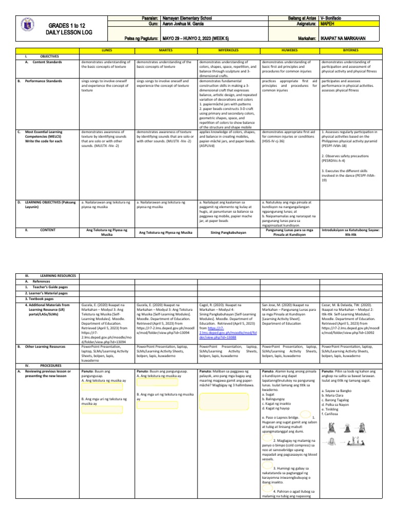 MAPEH Daily Lesson Log for Grades 5-12 | PDF