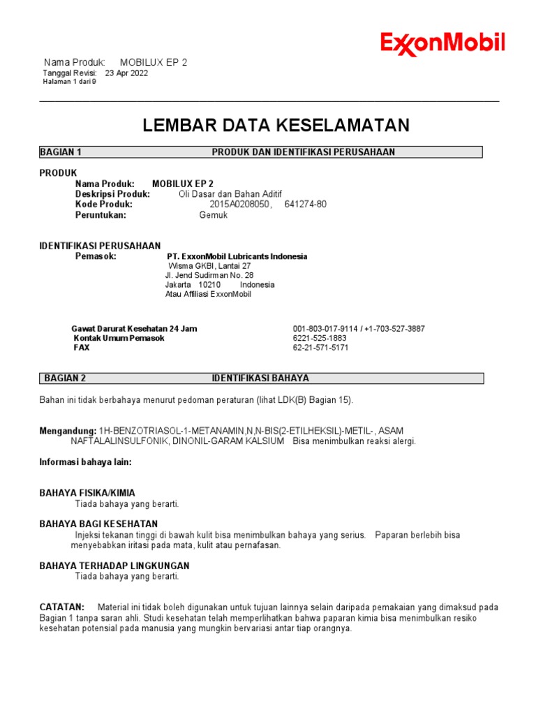 MSDS Mobilux EP 2 PDF