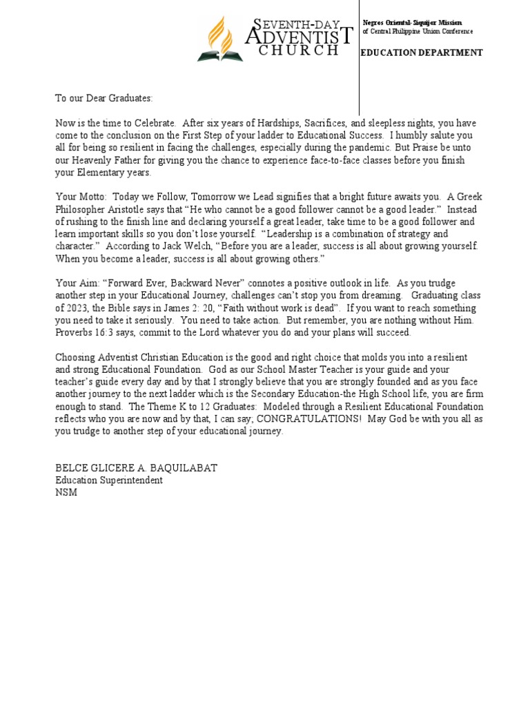 BTM Graduation 23 Program Message | PDF | Theology