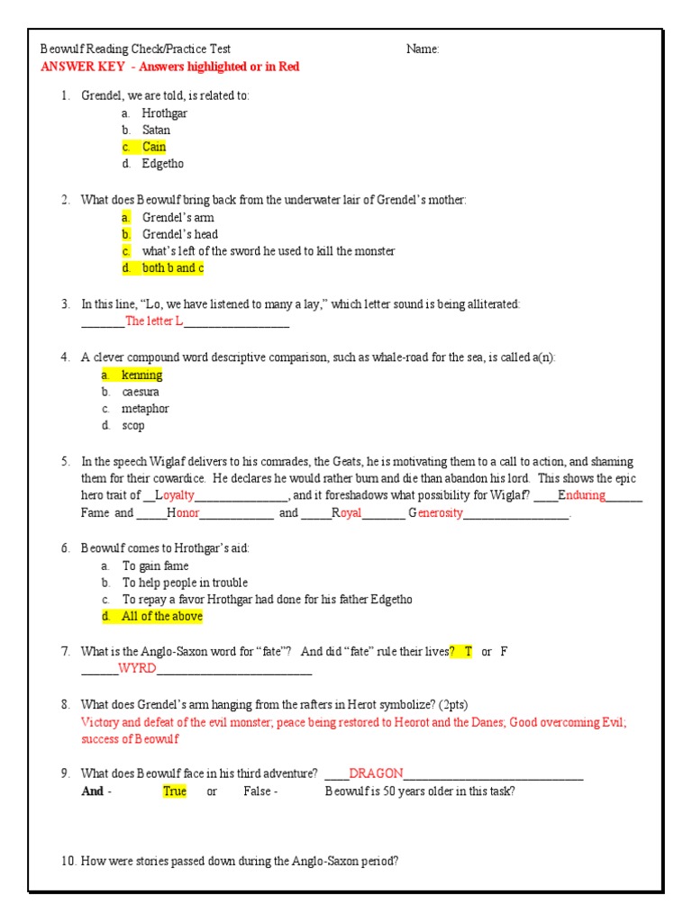 Beowulf Reading Check2012 10A Answer Key PDF Beowulf