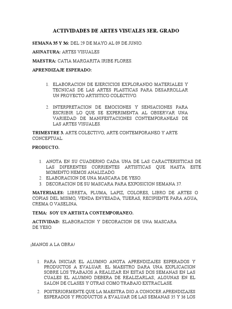 Actividades Artes v. Semana Semana 35 y 36 Tercer Grado | PDF | Las artes