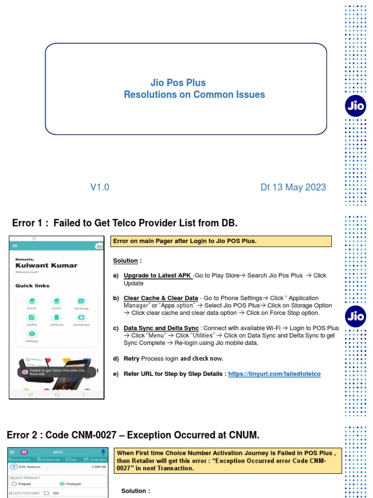 SND OC Jio Pos Plus Common Issues Resolution Guidelines 13 May 2023