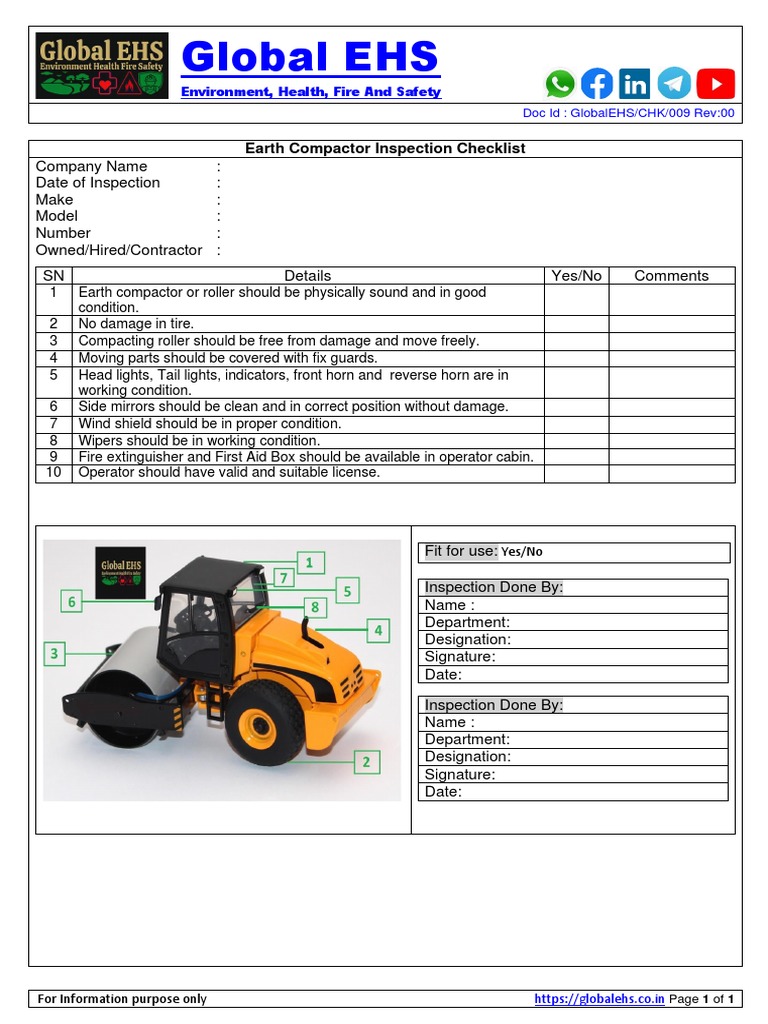 Earth Compactor Roller Inspection Checklist PDF