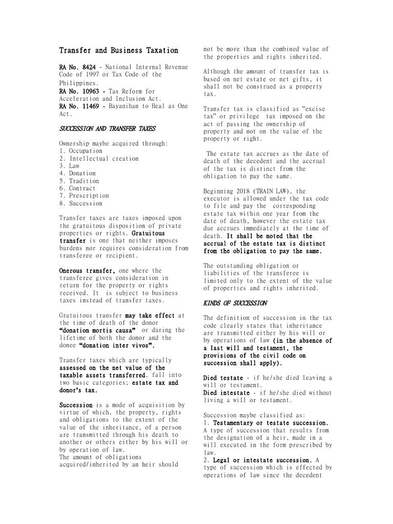Transfer and Business Taxation Guide | PDF | Intestacy | Will And Testament