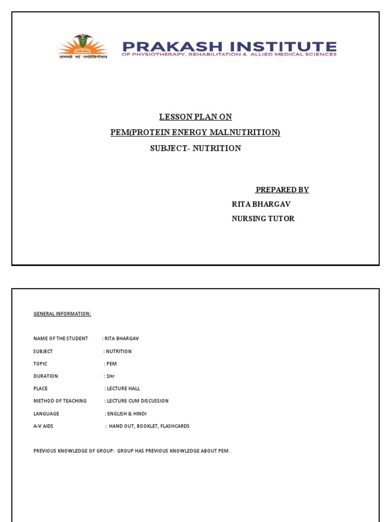 Lesson Plan On Pem (Protein Energy Malnutrition) SubjectNutrition PDF