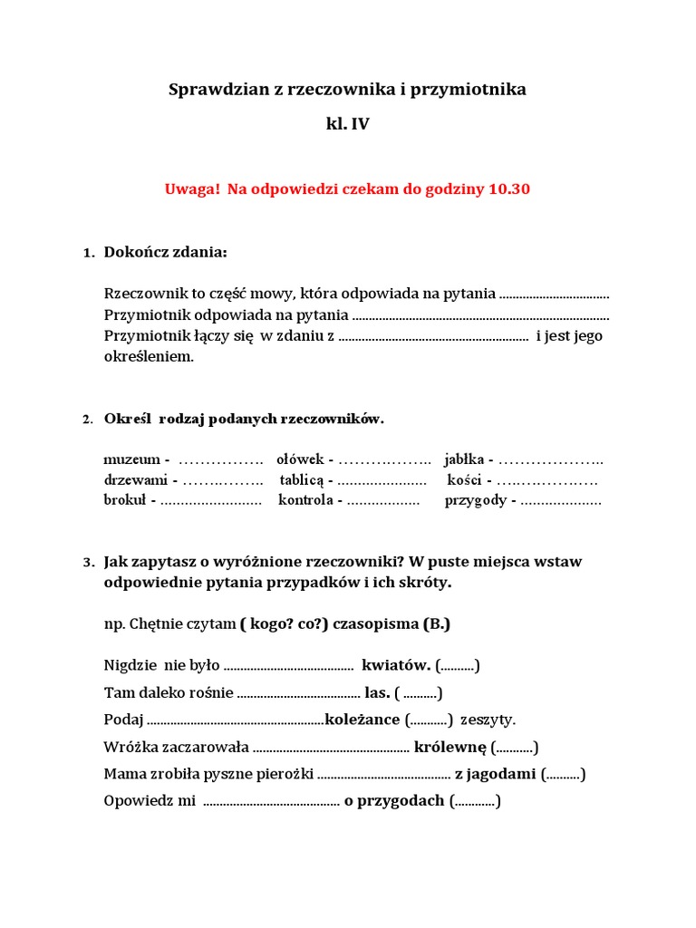 Odmiana Rzeczownika I Przymiotnika Przez Przypadki Klasa 4 Sprawdzian