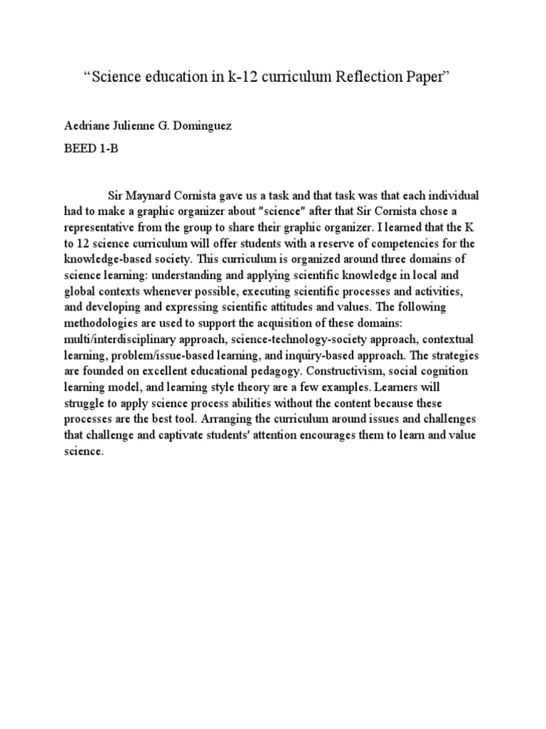 K-12 Science Education Reflection Paper | PDF