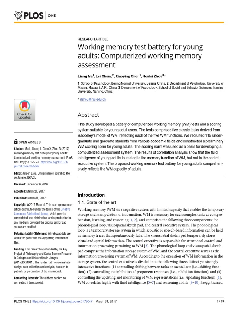 Working memory test battery for young adults computerized working