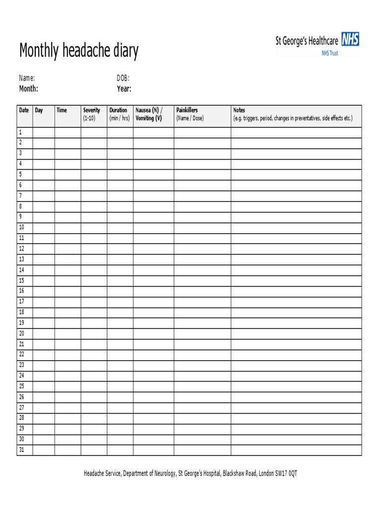 SGH Monthly Headache Diary PDF