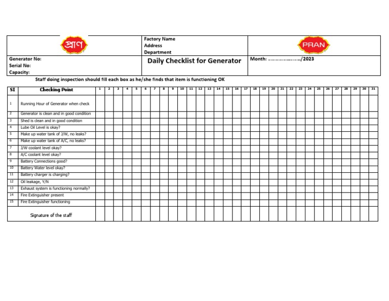 Generator Daily Check List | PDF