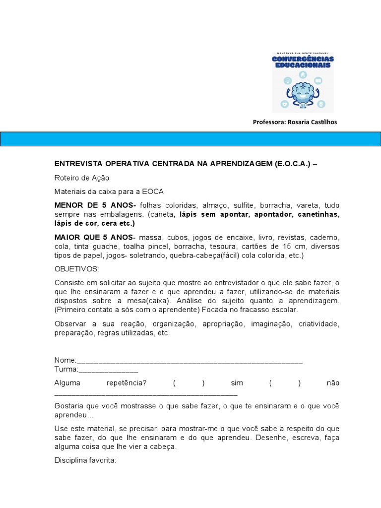 Eoca - Roteiro | PDF | Aprendizado | Ciência cognitiva
