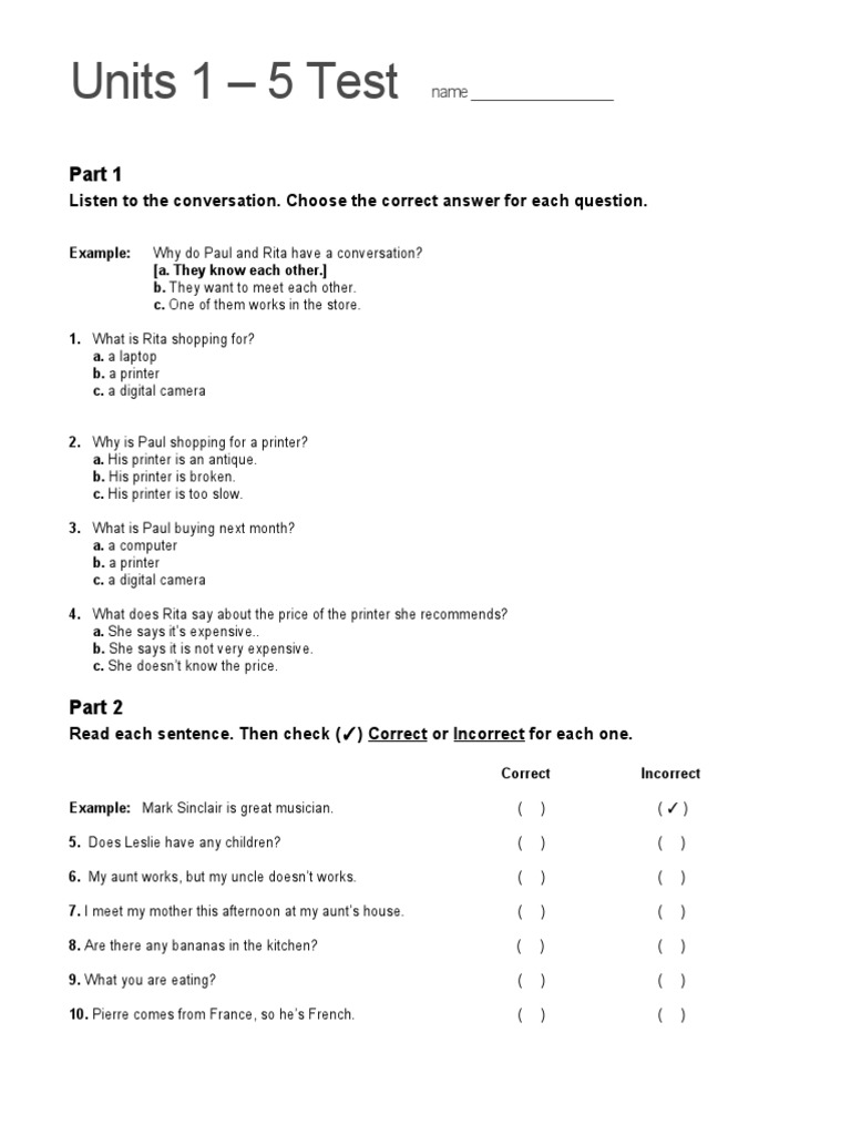 Top Notch 1 Units 15 Test PDF Food And Drink Cuisine