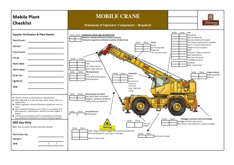 Mobile Crane Safety Inspection Checklist | PDF | Crane (Machine ...