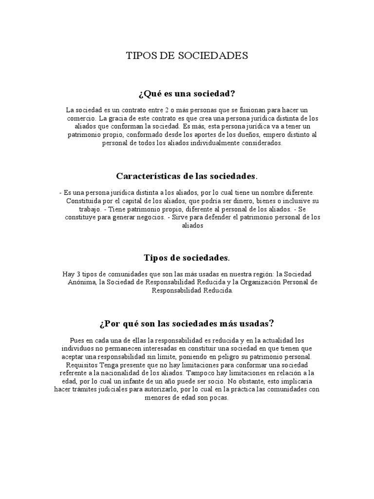 Tipos de Sociedades y sus Características | PDF | Sociedad | Cooperativa