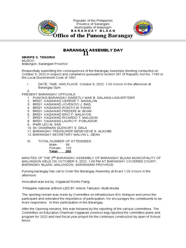 Barangay Blaan Assembly Report 2022 | PDF | Social Science
