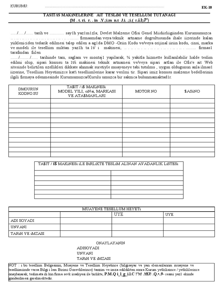 Tasit Ve Is Makinelerine Ait Teslim Tesellum Tutanagi | PDF