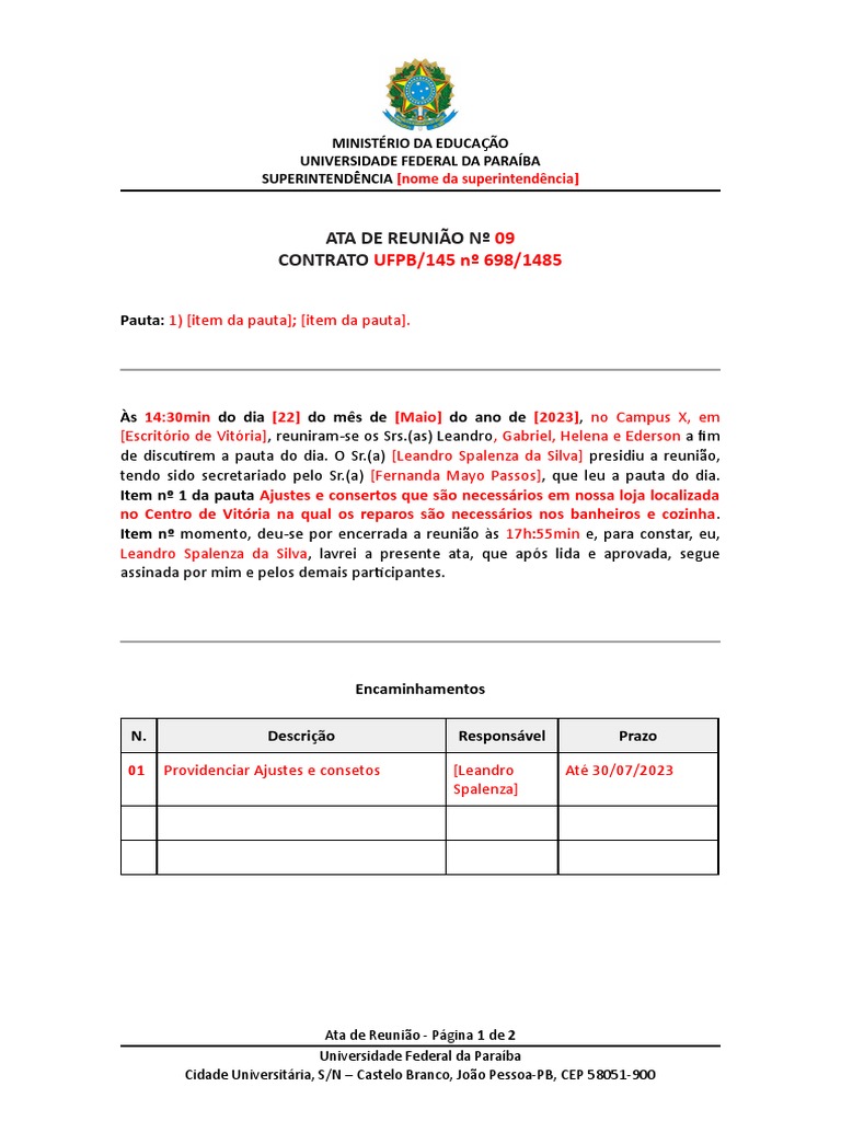 [MODELO] Ata de Reunião Do Contrato | PDF