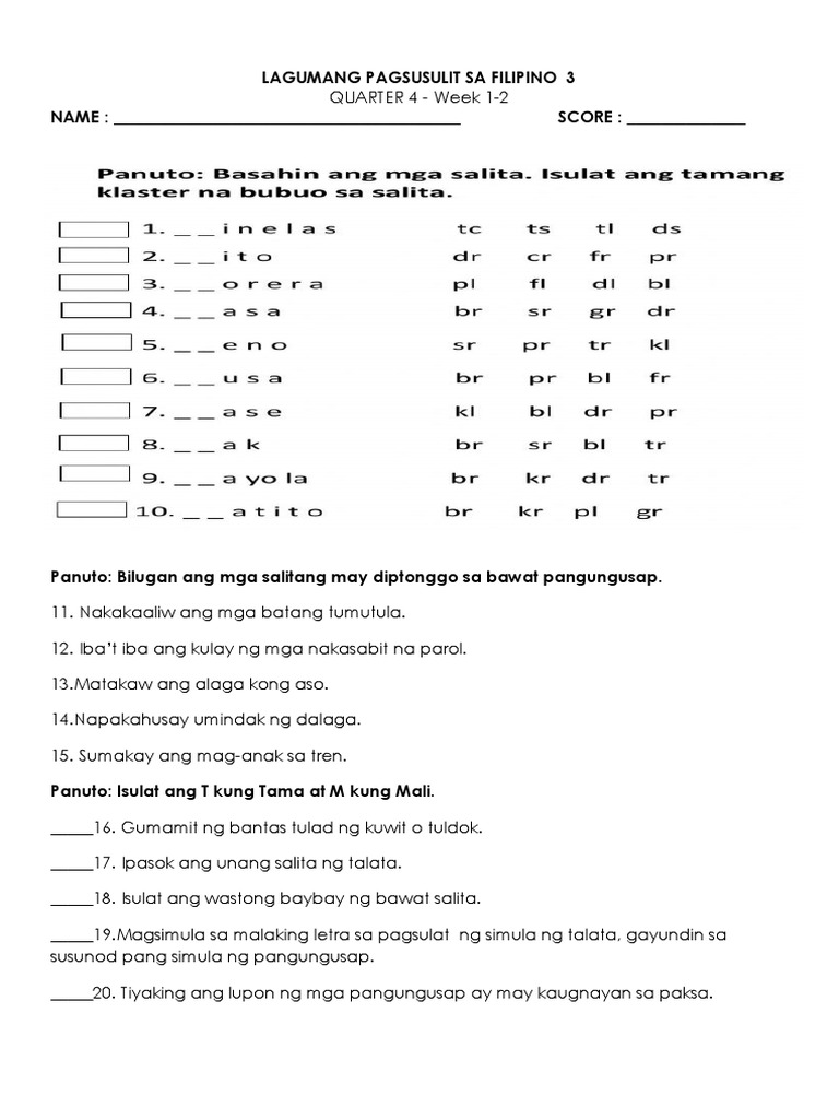 Summative Test in Filipino 3 Quarter 4 Week 1 2 | PDF